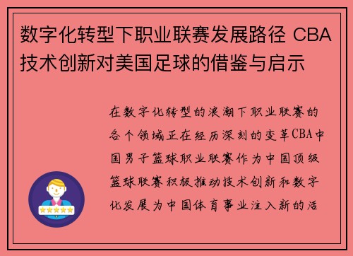 数字化转型下职业联赛发展路径 CBA技术创新对美国足球的借鉴与启示