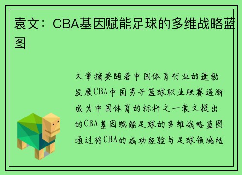 袁文：CBA基因赋能足球的多维战略蓝图